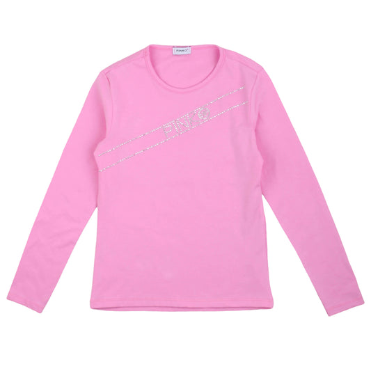 T-shirt manica lunga a girocollo rosa, stampa in rilievo, Pinko Up - IrisBlu