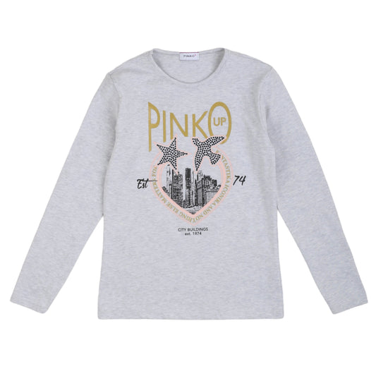 T-shirt manica lunga a girocollo, grigia, Pinko Up - IrisBlu