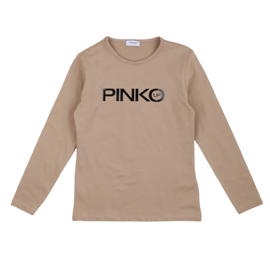 T-shirt manica lunga a girocollo, beige, stampa classica, Pinko Up - IrisBlu