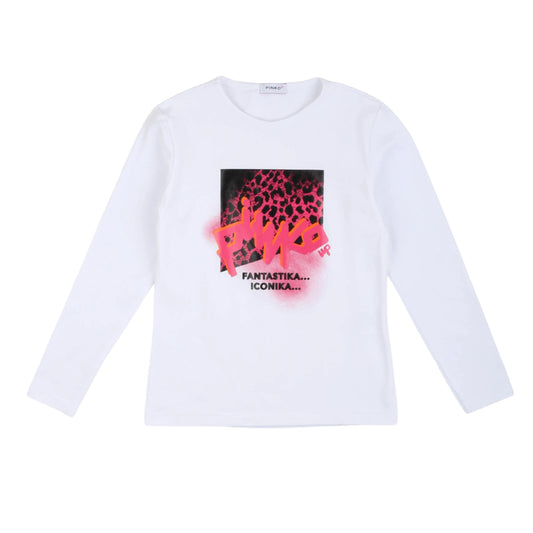 T-shirt manica lunga a girocollo bianca, stampa iconica, Pinko Up - IrisBlu