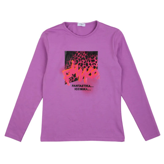 T-shirt manica lunga a girocollo viola, stampa iconica, Pinko Up - IrisBlu